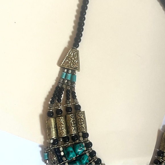 south africa 🇿🇦 boho turquoise black gold boho fringe statement necklace - Picture 8 of 12